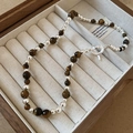 Vintage tiger eye stone necklace with silver beads and toggle clasp for women - 18# Silver Brown Style