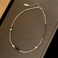 Retro tiger eye stone pendant necklace with pearls and turquoise beads for women - 20# Silver Brown Style