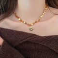 Vintage brown tiger eye bead necklace with a gold coin pendant featuring a classic relief - 25# Gold Brown Style
