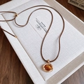 Retro tiger eye pendant necklace with adjustable brown cord and golden alloy frame - 33# Gold Brown Round Plate Style