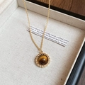 Vintage golden necklace featuring a round brown tiger eye stone pendant on beige fabric - 35# Gold Brown Style
