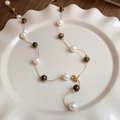 Elegant tiger eye and pearl necklace with golden lobster clasp on a ceramic plate - 36# Gold Brown Pearl 10mm Style