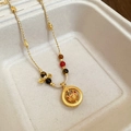 Braided necklace with tiger eye stone and golden mask pendant in vintage brown style - 39# Gold Brown Style