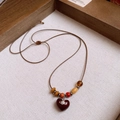 Vintage brown tiger eye heart necklace with saturn charm and multi-colored beads - 43# Brown Style