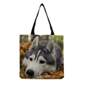 Detail of canvas tote bag featuring a high-definition husky dog print on cream fabric - Husky in Fallen Leaves (hm5151)