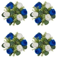 Set of 4 artificial rose candle rings featuring deep blue and white fabric flowers - Blue & White (New Wreath)