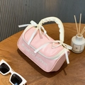 Trousse à maquillage rose cylindrique avec poignée plissée blanche et nœud élégant - Petit / Rose