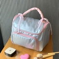 Silver satin makeup bag with pink bow handle and partitioned travel storage design - Large / Silver
