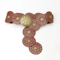 Bohemian brown leather disk belt with vintage bronze floral metal relief and hollow studs - Camel