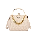 Beige quilted shell bag with gold chain strap and vintage kiss-lock closure detail - White