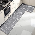 Two-piece grey kitchen mat set with white cooking pattern in waterproof PU leather - 44cmx75cm / Kitchen Time