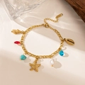 18k gold plated stainless steel ocean bracelet with starfish, seashell, and colorful gems - Colorful Stone Conch Starfish Bracelet (E2110)