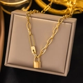 Elegant gold titanium padlock necklace with paperclip chain and Love engraved tag - Lock (AH6133) / Gold