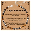 Detail of 8mm triple protection bracelet with tiger eye, hematite and black tourmaline beads - Triple Protection
