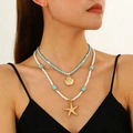 Collana a doppio strato con perline stile mare, ciondoli a stella marina e conchiglia - Stile Stella Marina Conchiglia Perline Blu Bianco (6115)