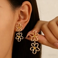 Vintage hollow flower drop earrings in gold finish with amber gemstone centers - 06kc Gold 5173