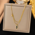 Double-layered 18K gold-plated titanium necklace with black oval pendant and gold bead - Black Oval (H6162) Gold