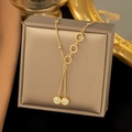 Gold-plated titanium steel Y-necklace with Roman numeral pendants and crystals - White Zircon Roman Tassel (H1086) Gold