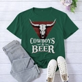 Deep green Cowboys & Beer T-shirt with bull skull print, styled with jeans and white shoes - S / Retro Green (White Font)