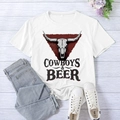 White XXL cotton T-shirt with vintage cowboys and beer graphic on a wooden background - S / White (Black Font)