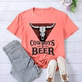 Coral orange T-shirt with vintage cowboys and beer graphic print in casual XXL style - S / Pink (Black Print)