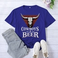Dark blue Cowboys & Beer graphic t-shirt with buffalo skull print for casual summer wear - S / Retro Blue (White Font)