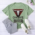 Women's casual grass green t-shirt with cowboys & beer print flat lay casual outfit - S / Olive Green (Black Font)