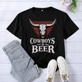 Black t-shirt with cowboys beer and steer skull graphic in casual flat lay style - S / Black (White Font)