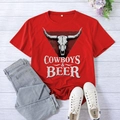 Red XXL Cowboys & Beer t-shirt with cattle skull print on white wood background - S / Red (White Font)