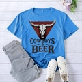 Sky blue Cowboys & Beer graphic t-shirt in casual flat lay style with jeans - S / Lake Blue (Black Font)