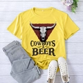 Bright yellow T-shirt with Cowboys & Beer steer skull print and casual denim shorts - S / Yellow (Black Font)