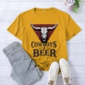 Ginger yellow XXL t-shirt with retro cow skull and Cowboys & Beer print for women - S / Mustard Yellow (Black Text)