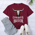 Burgundy t-shirt featuring a vintage Cowboys and Beer graphic print and crew neck - S / Wine Red (White Font)