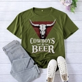 Army green t-shirt with cowboys beer skull print and vintage red triangle detail - S / Army Green (White Font)