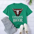 Bright green Cowboys & Beer T-shirt with bull skull print, XXL size, flat lay style - S / Dark Green (White Font)