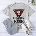Grey Cowboys & Beer t-shirt with bull skull print and denim jeans flat lay arrangement - S / Light Gray (Black Font)
