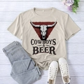 Khaki t-shirt with cowboys and beer graphic print, crew neck loose fit casual style - S / Sand (Black Font)