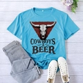 Sky blue Cowboys and Beer graphic tee shirt paired with jeans in a flat lay style - S / Deep Water Blue (Black Font)