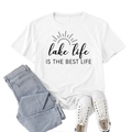 White Lake Life graphic t-shirt paired with denim jeans and white sneakers - L / White (Black Font)