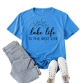 Bright blue Lake Life graphic T-shirt with abstract sun print paired with casual jeans - S / Lake Blue (Black Font)
