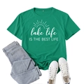 Green short sleeve t-shirt with Lake Life print paired with jeans and sneakers - S / Dark Green (White Font)