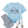 Light blue Lake Life XXL cotton t-shirt flat lay with jeans and canvas sneakers - S / Light Blue (Black Font)