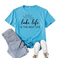 Sky blue crew neck T-shirt with Lake Life sun print paired with denim and sneakers - S / Deep Water Blue (Black Font)