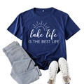 Dark blue Lake Life printed short sleeve t-shirt paired with light jeans and white shoes - L / Navy Blue