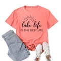 Coral Lake Life print T-shirt for women in casual loose fit with crew neck style - S / Pink