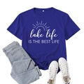Dark blue Lake Life printed short sleeve t-shirt with denim jeans and canvas shoes - S / Vintage Blue