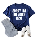 Dark blue crew neck T-shirt with white SORRY I’M ON VOICE REST print for women - S / Navy Blue (White Font)