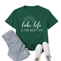 Dark green Lake Life printed short sleeve T-shirt with denim jeans and canvas shoes - S / Vintage Green