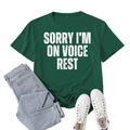 Casual dark green T-shirt with 'SORRY I'M ON VOICE REST' slogan in vintage print - S / Retro Green (White Font)