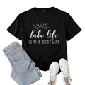 Women's black lake life graphic t-shirt in cotton with casual loose fit and crew neck - S / Black